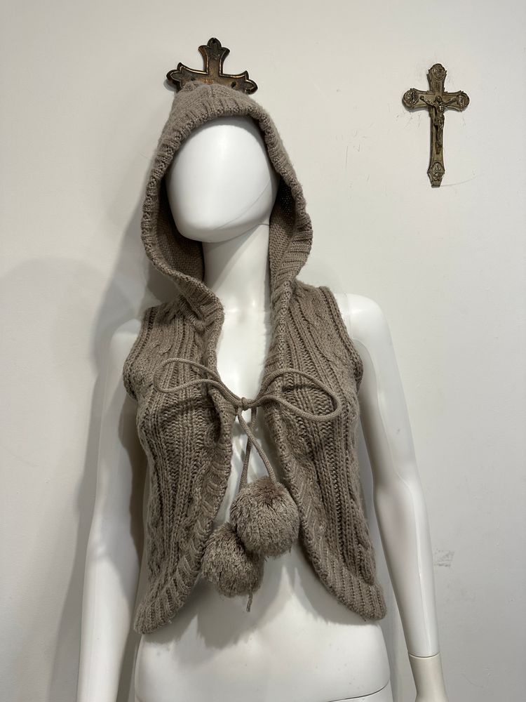 Vintage Knitted Sleeveless Hooded Vest (S)